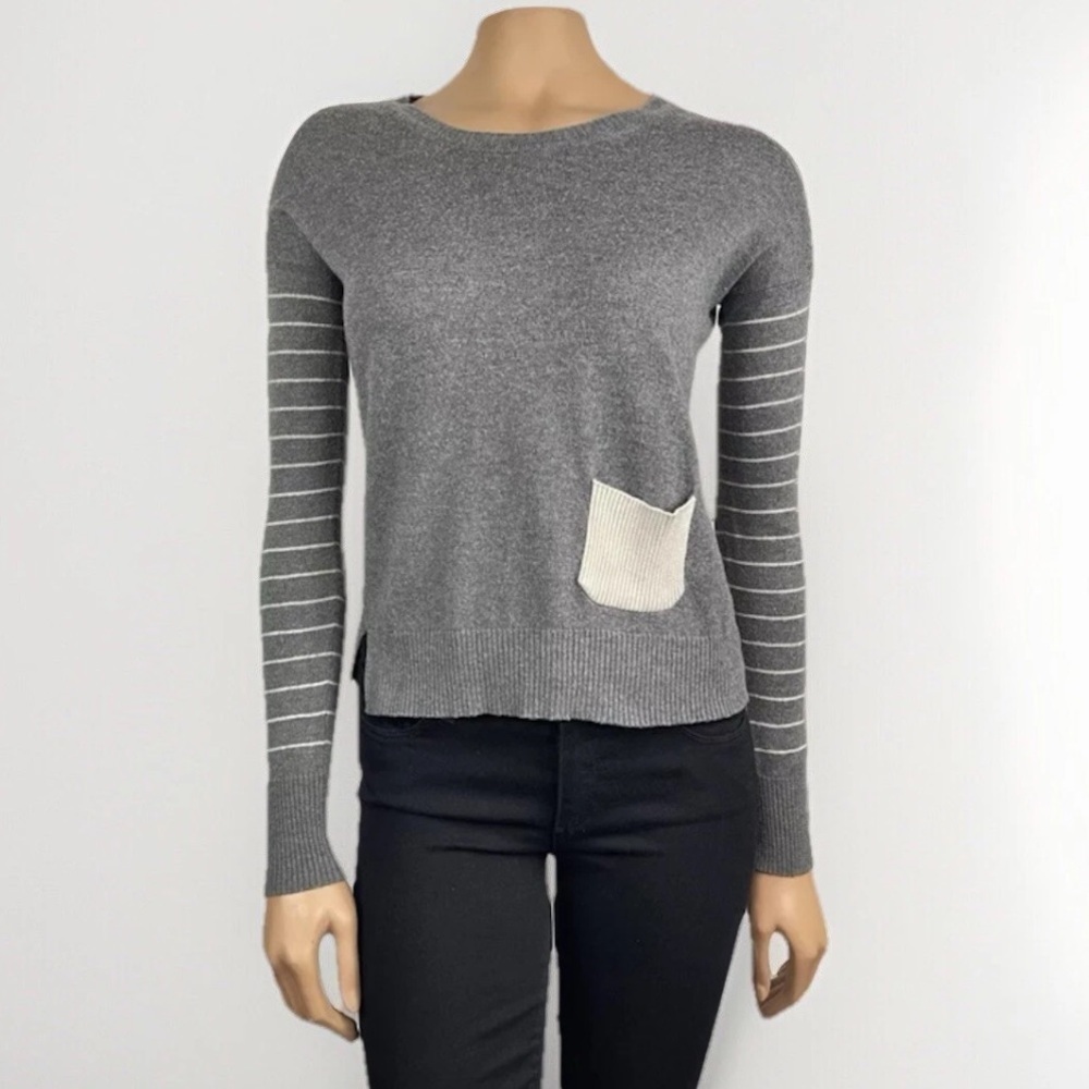 Anthropologie YOON Sweater M Gray Striped Dropped Sleeves Wool Blend Minimalist